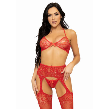 Leg Avenue - Dreiteiliges Set Bh, String und Strumpf, One Size - Rot
