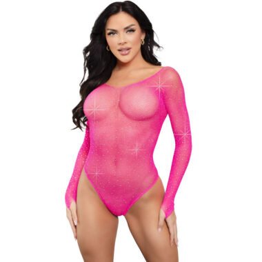 Leg Avenue - Langärmeliger Bodysuit mit Kristallmuster in Pink