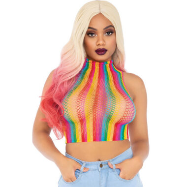 Leg Avenue Rainbow Net High Neck Crop Top rainbow