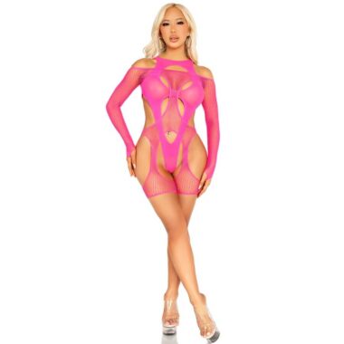 Leg Avenue - Netz-Bodystocking mit Strumpfgürtel und Harness Neon Pink
