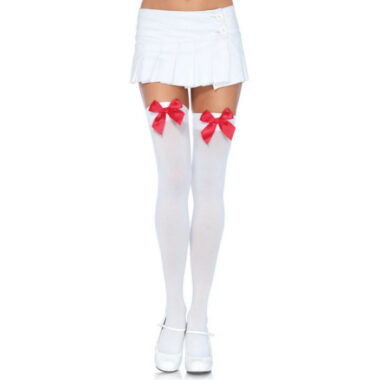 Leg Avenue - Nylon Tigh Highs mit Schleife Weiss/Rot