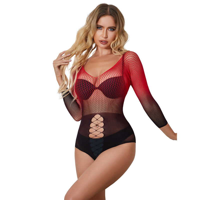 Subblime - 952259 roter und schwarzer Kleid mit langen Ärmeln und elastischem Netzverlauf OneSize