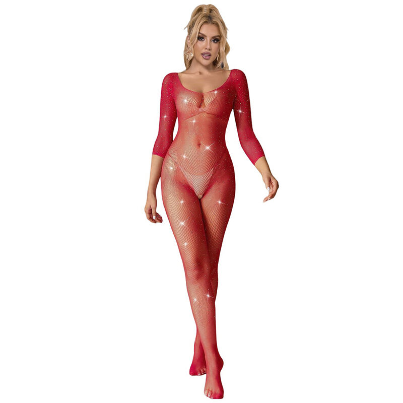 Subblime - 952419 Netz-Bodystocking mit Diamanten Langarm rot OneSize