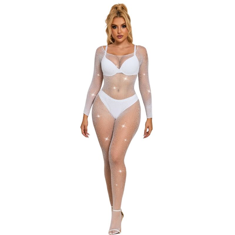 Subblime - 952396 Netz-Bodystocking mit Diamanten Langarm Weiss OneSize
